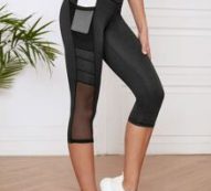 Contrast Mesh Capris Sports Leggings With Phone Pocket