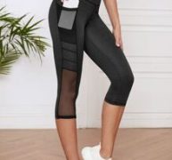 Contrast Mesh Capris Sports Leggings With Phone Pocket