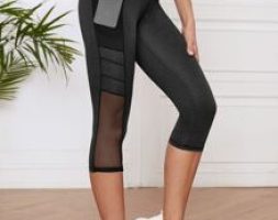 Contrast Mesh Capris Sports Leggings With Phone Pocket