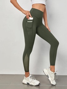 Contrast Mesh Sports Leggings With Phone Pocket