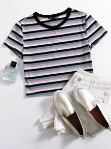 Contrast Neck Striped Top