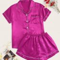 Contrast Piping Satin Pajama Set