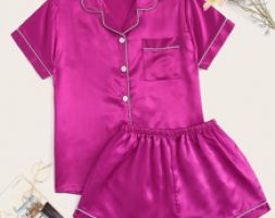 Contrast Piping Satin Pajama Set