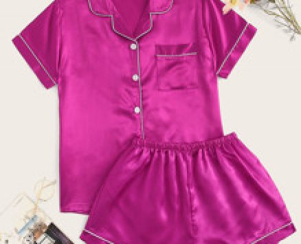Contrast Piping Satin Pajama Set