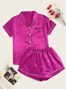 Contrast Piping Satin Pajama Set