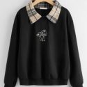 Contrast Plaid-Collar Mushroom Embroidery Sweatshirt