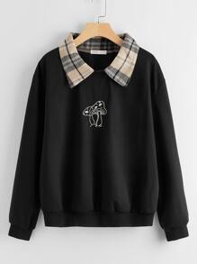 Contrast Plaid-Collar Mushroom Embroidery Sweatshirt