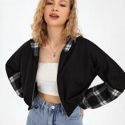 Contrast Plaid Crop Hooded Jacket