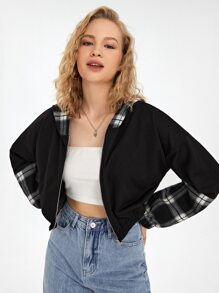 Contrast Plaid Crop Hooded Jacket