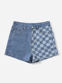 Contrast Plaid Denim Shorts