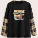 Contrast Plaid Letter Car Graphic Tee