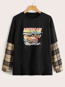 Contrast Plaid Letter Car Graphic Tee