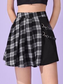 Contrast Plaid Pleated Skirt