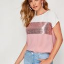 Contrast Sequin Cut-and-sew Curved Hem Top