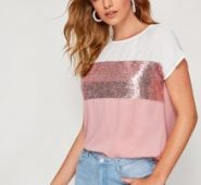 Contrast Sequin Cut-and-sew Curved Hem Top