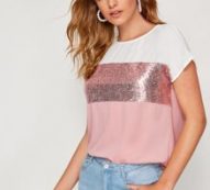 Contrast Sequin Cut-and-sew Curved Hem Top