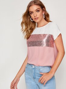 Contrast Sequin Cut-and-sew Curved Hem Top