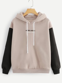 Contrast Sleeve Slogan Graphic Hoodie