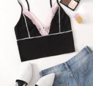 Contrast Stitch Lace Trim Rib-knit Cami Top