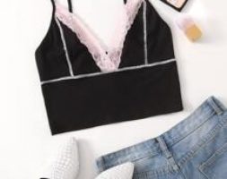 Contrast Stitch Lace Trim Rib-knit Cami Top