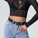 Contrast Stitch Sheer Mesh Crop Top Without Bra