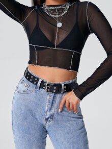 Contrast Stitch Sheer Mesh Crop Top Without Bra