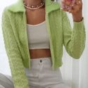 Contrast Teddy Collar Chevron Knit Cardigan