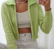 Contrast Teddy Collar Chevron Knit Cardigan