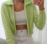 Contrast Teddy Collar Chevron Knit Cardigan