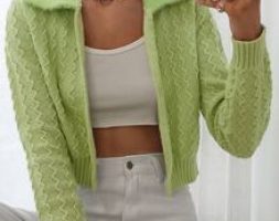 Contrast Teddy Collar Chevron Knit Cardigan