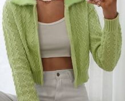Contrast Teddy Collar Chevron Knit Cardigan