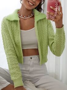 Contrast Teddy Collar Chevron Knit Cardigan