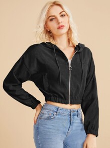 Corduroy Zip-Up Hooded Cropped Jacket