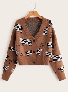 Cow Pattern Button Front Cardigan