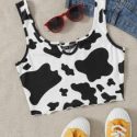 Cow Print Lettuce-Edge Cropped Tank Top