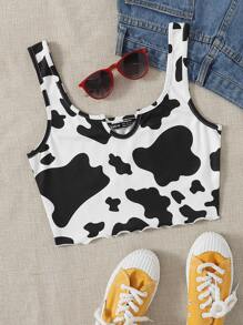 Cow Print Lettuce-Edge Cropped Tank Top