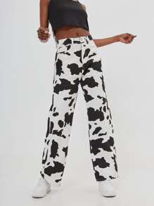 Cow Print Wide Leg Jeans