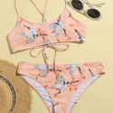 Crane & Floral Lace-up Bikini Swimsuit