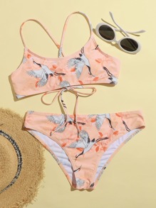 Crane & Floral Lace-up Bikini Swimsuit