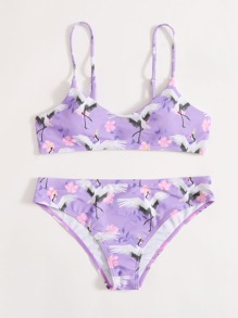 Crane & Floral Print Cami Bikini Swimsuit