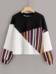 Crew Neck Striped Colorblock Sweatshirt