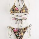 Criss Cross Floral Halter Bikini Swimsuit