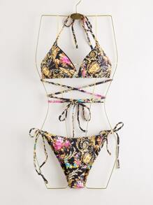 Criss Cross Floral Halter Bikini Swimsuit