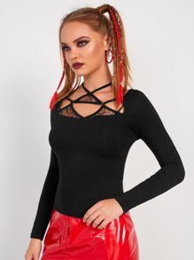 Crisscross Tie Back Sheer Mesh Insert Top