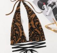 Crisscross Tie Backless Graphic Print Halter Top