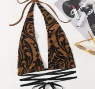 Crisscross Tie Backless Graphic Print Halter Top