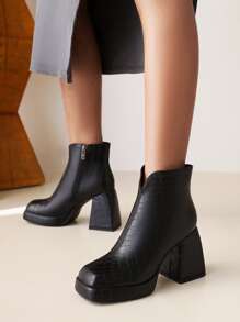 Croc Embossed Chunky Heeled Boots