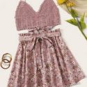 Crochet Self-Tie Cami Top & Belted Floral Skirt Set