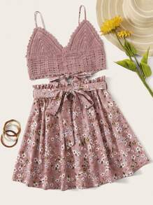 Crochet Self-Tie Cami Top & Belted Floral Skirt Set