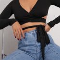 Cross Wrap Tie Front Rib-knit Crop Top